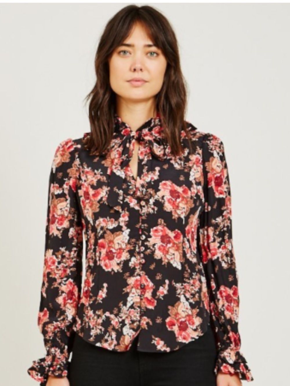 by Timo for Barneys Floral Tie-Neck Blouse in Black with Red Print